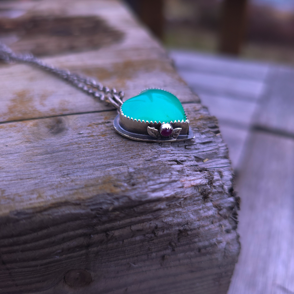 Chrysoprase Heart and Ruby Necklace OOAK