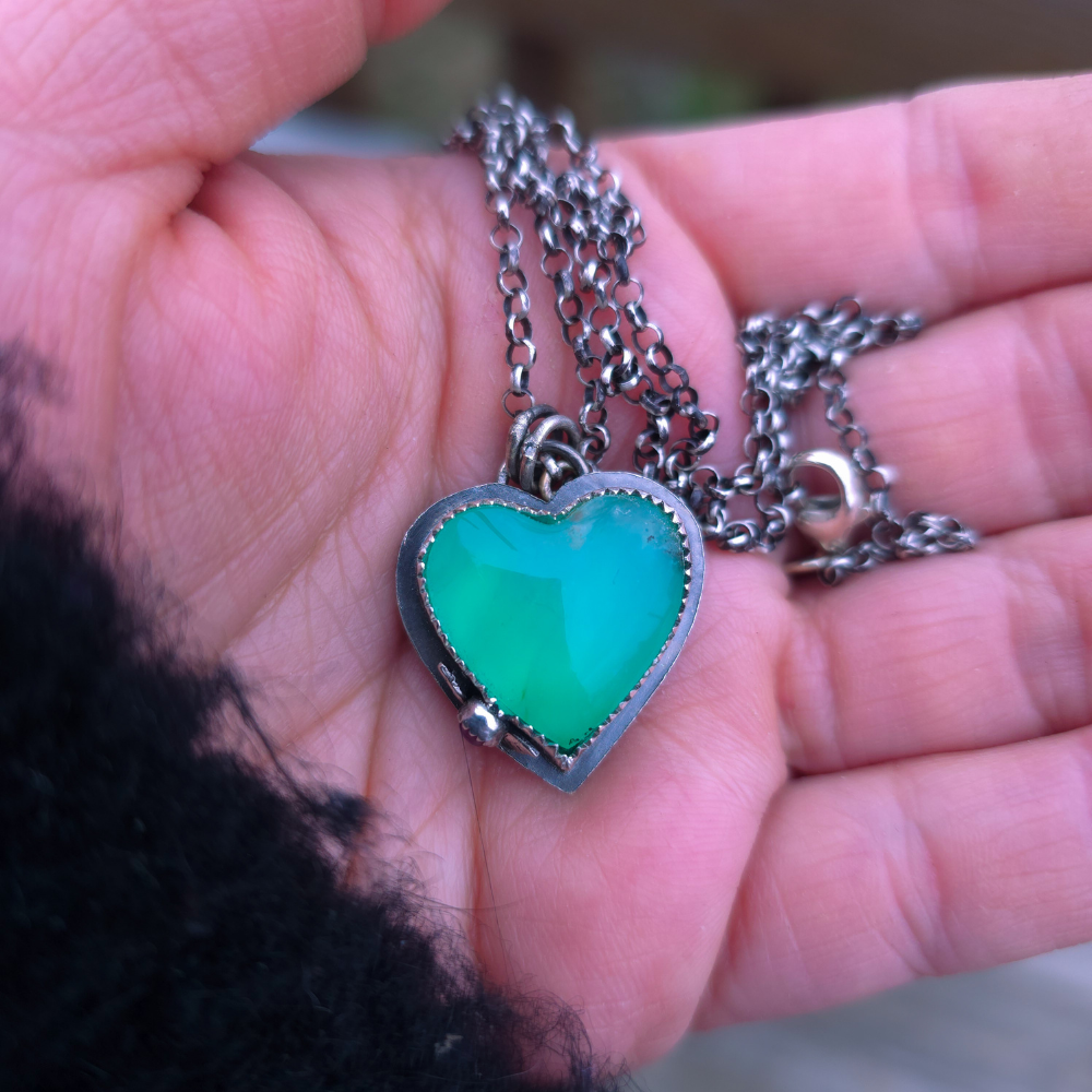 Chrysoprase Heart and Ruby Necklace OOAK