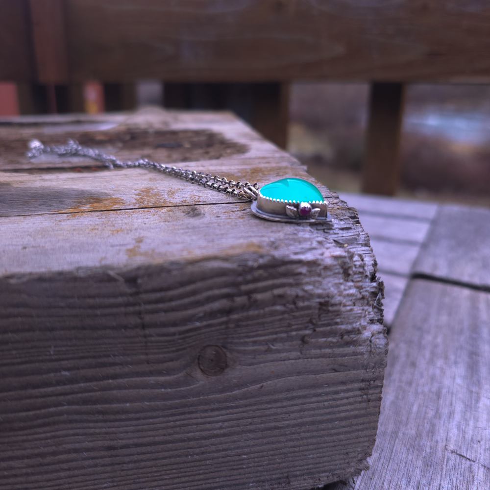 Chrysoprase Heart and Ruby Necklace OOAK