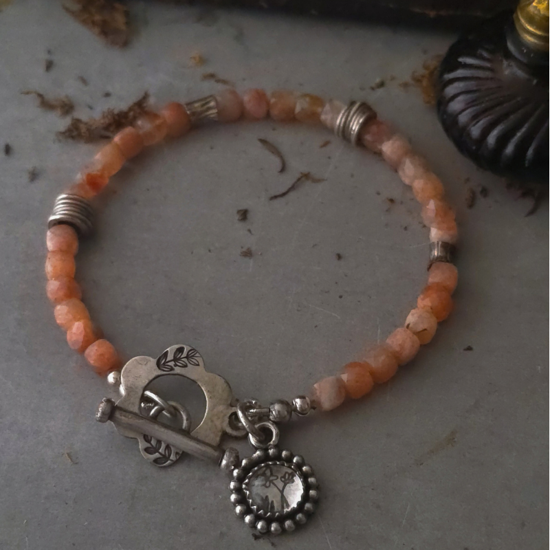 Sunstone Gemstone Bracelet with Sterling Silver Botanical Charm