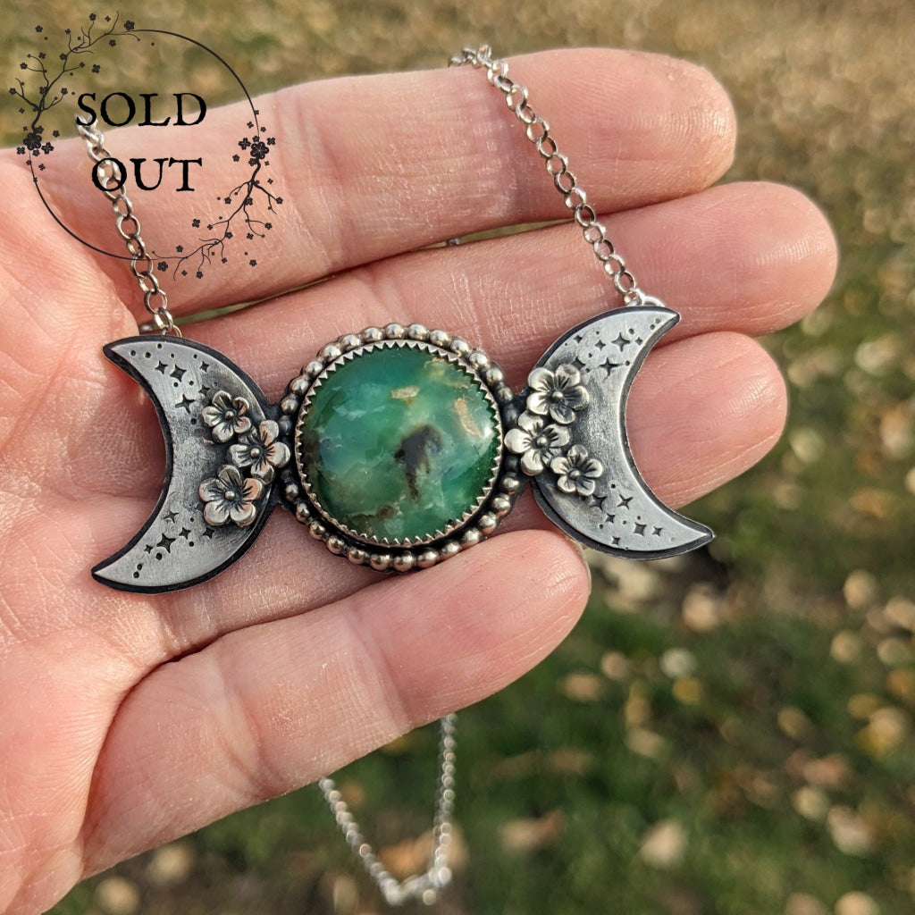 Triple Moon Goddess Necklace With Chrysoprase