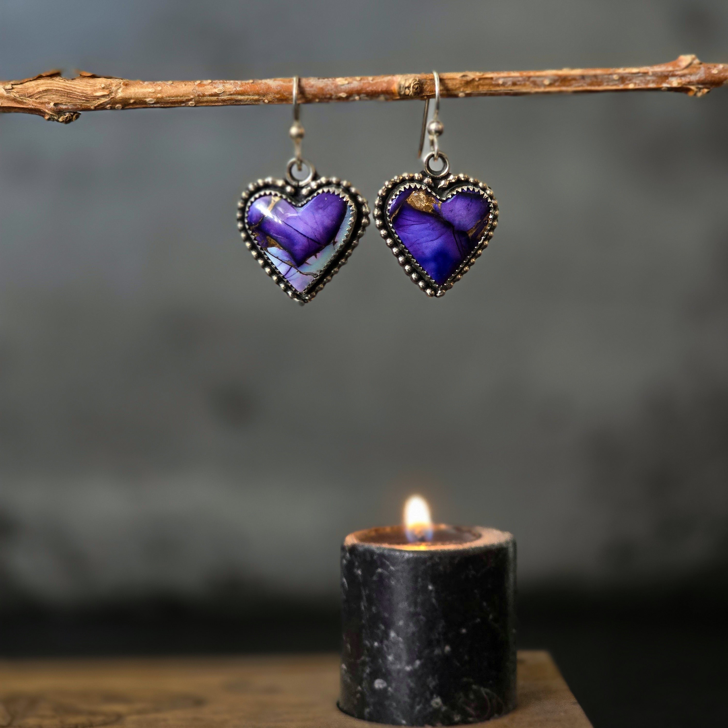 One of a Kind Purple Dahlia Heart Earrings