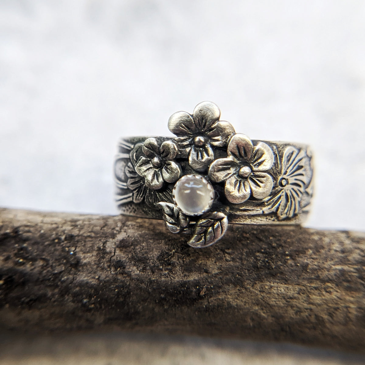 Sterling Silver Floral Ring with Moonstone