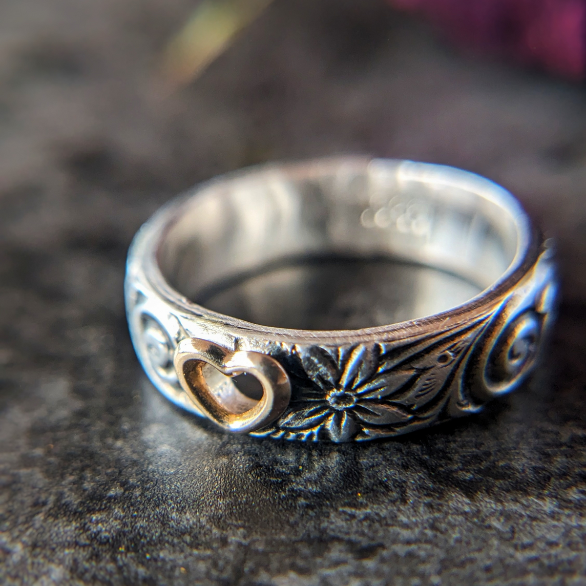 14K Gold Heart Ring on a Sterling Silver Floral Band