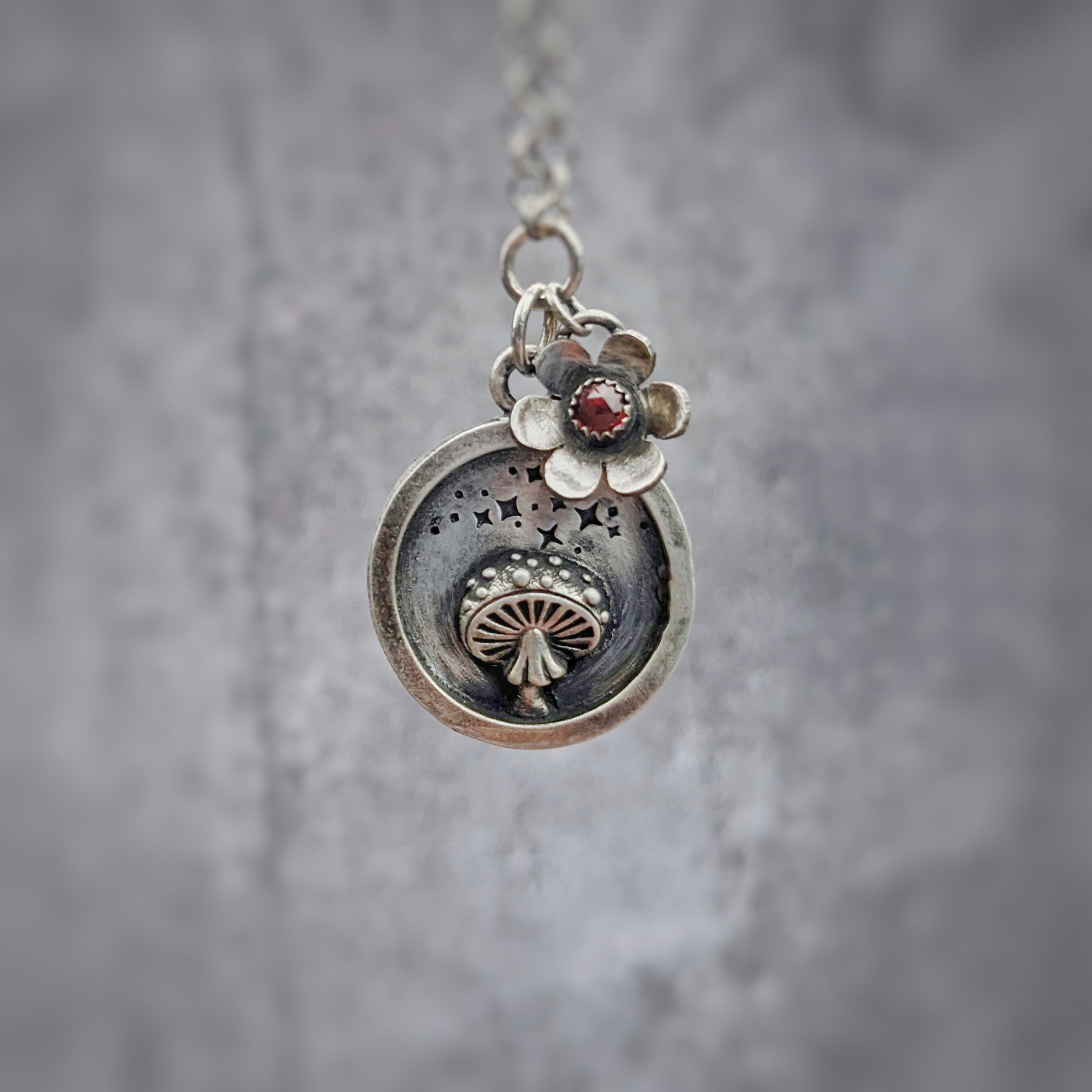 Small Mushroom Pendant with Garnet Flower Charm