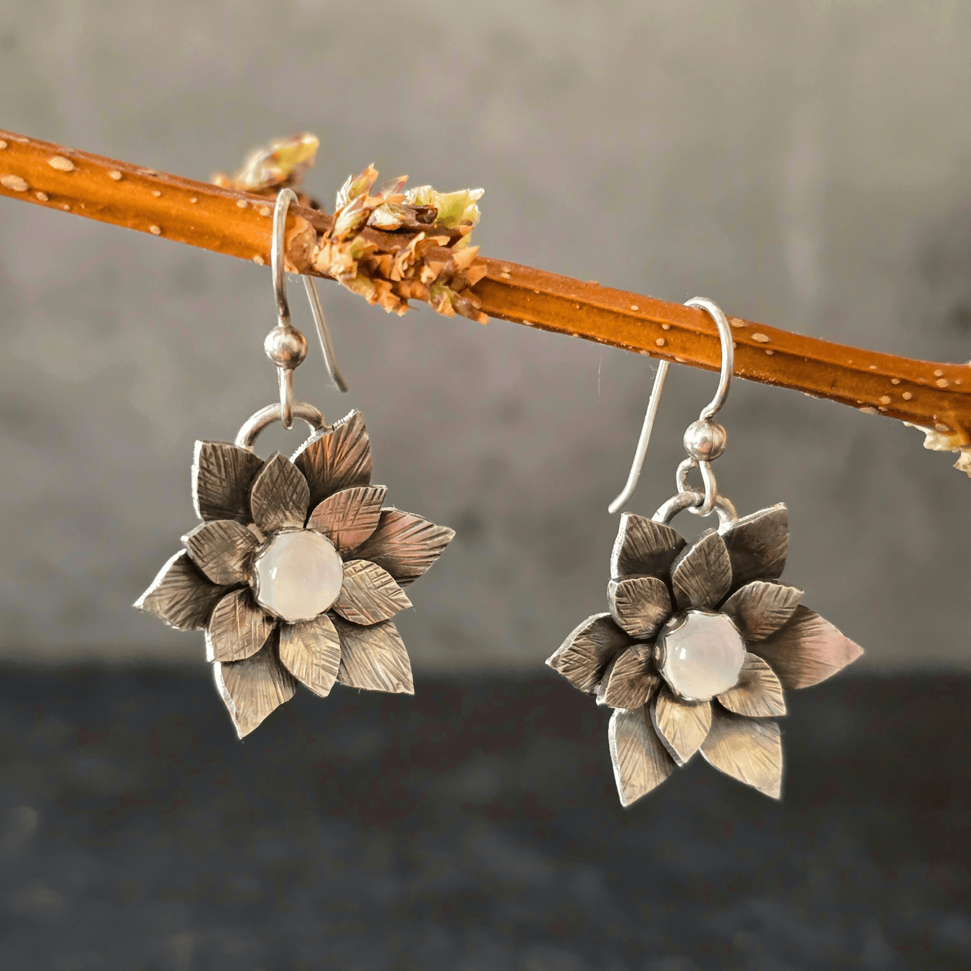Lotus Earrings with White Moonstone