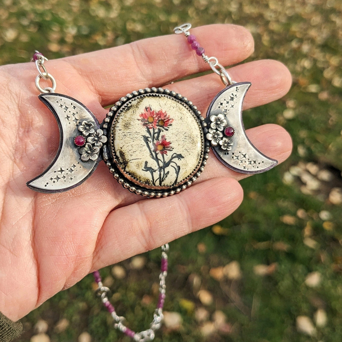 Triple Moon Goddess Necklace with Flowers and Rubies