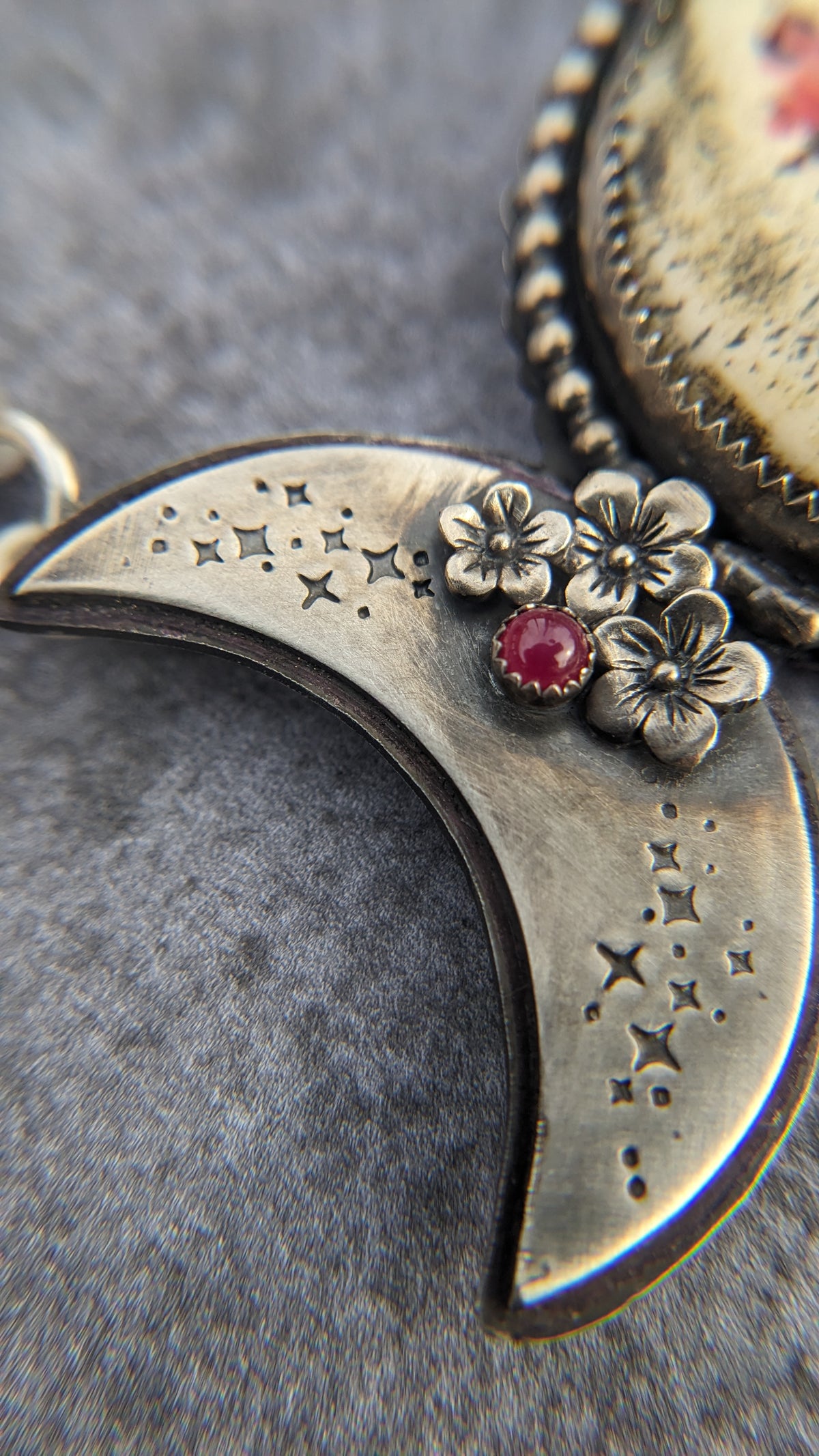 Triple Moon Goddess Necklace with Flowers and Rubies