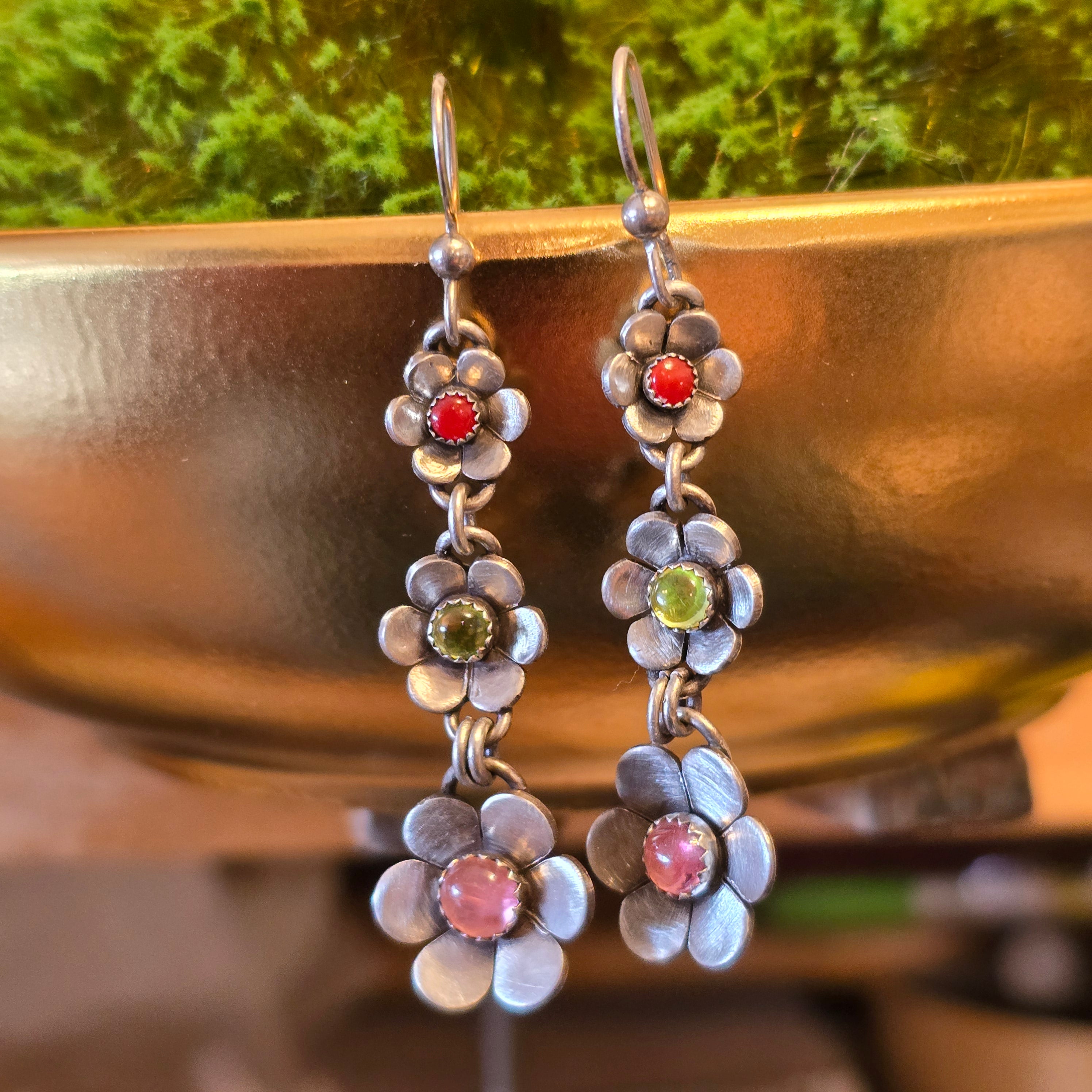 Triple Flower Dangle Earrings with Colorful Gemstones