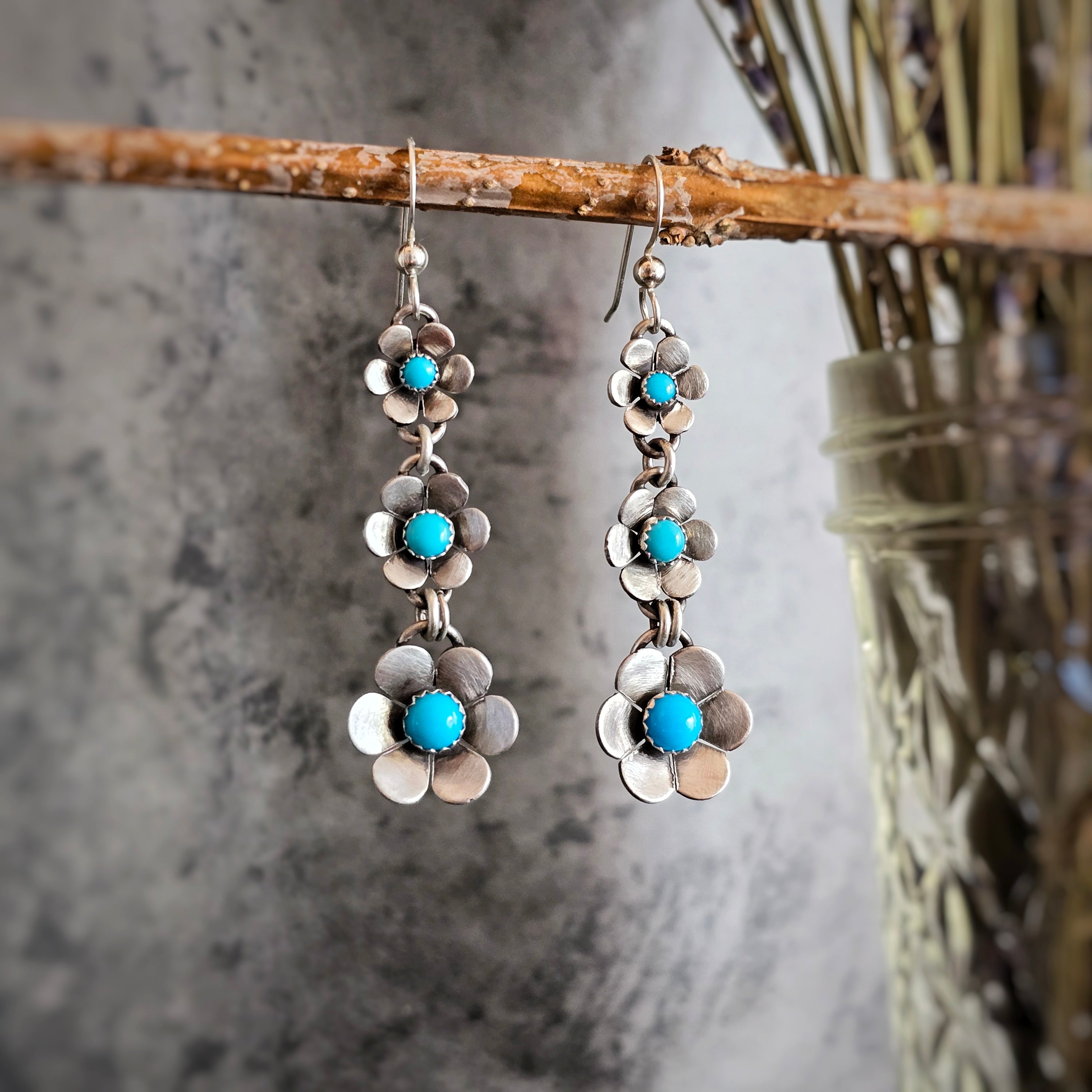 Triple Flower Dangle Earrings with Turquoise