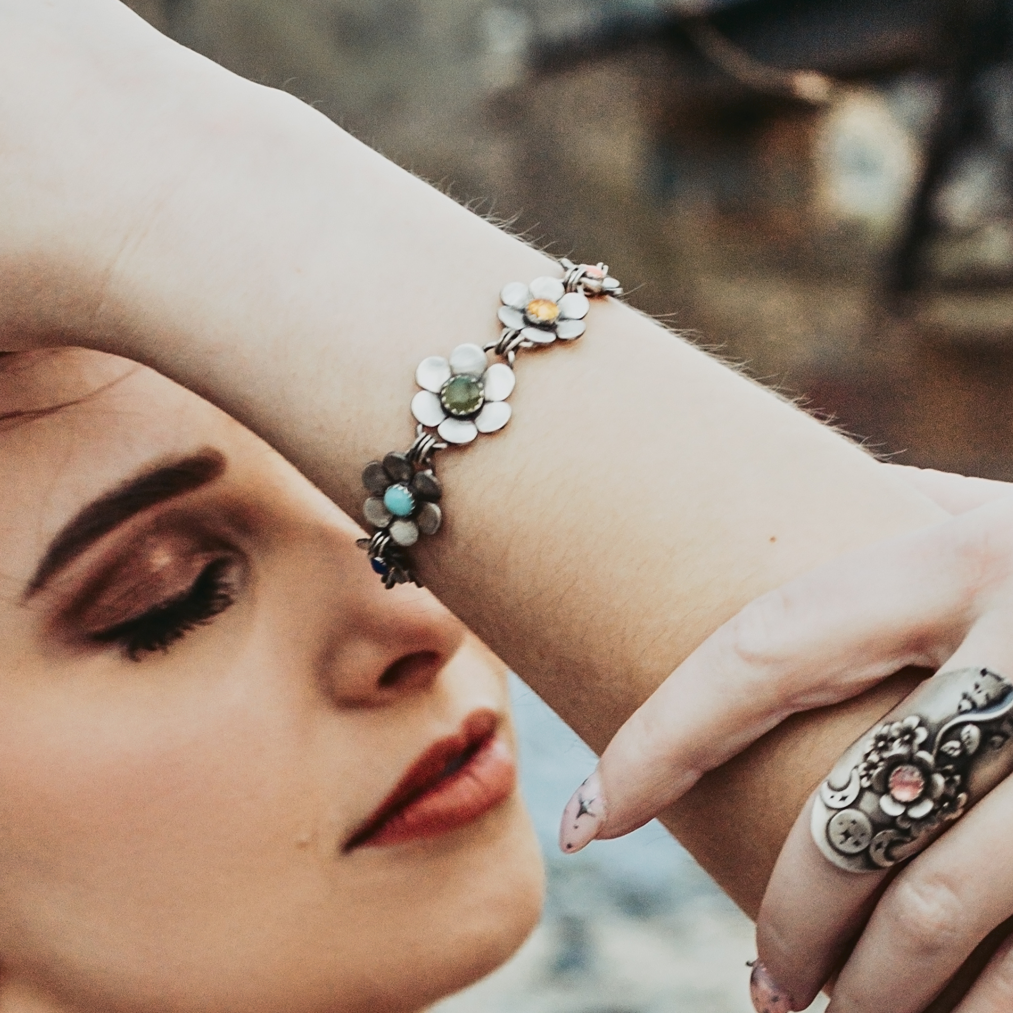 Floral Bracelet with Chakra Colored Gemstones