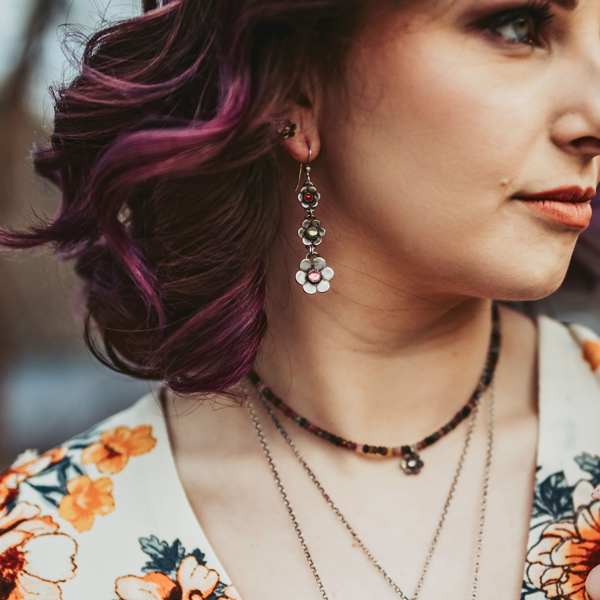 Triple Flower Dangle Earrings with Colorful Gemstones