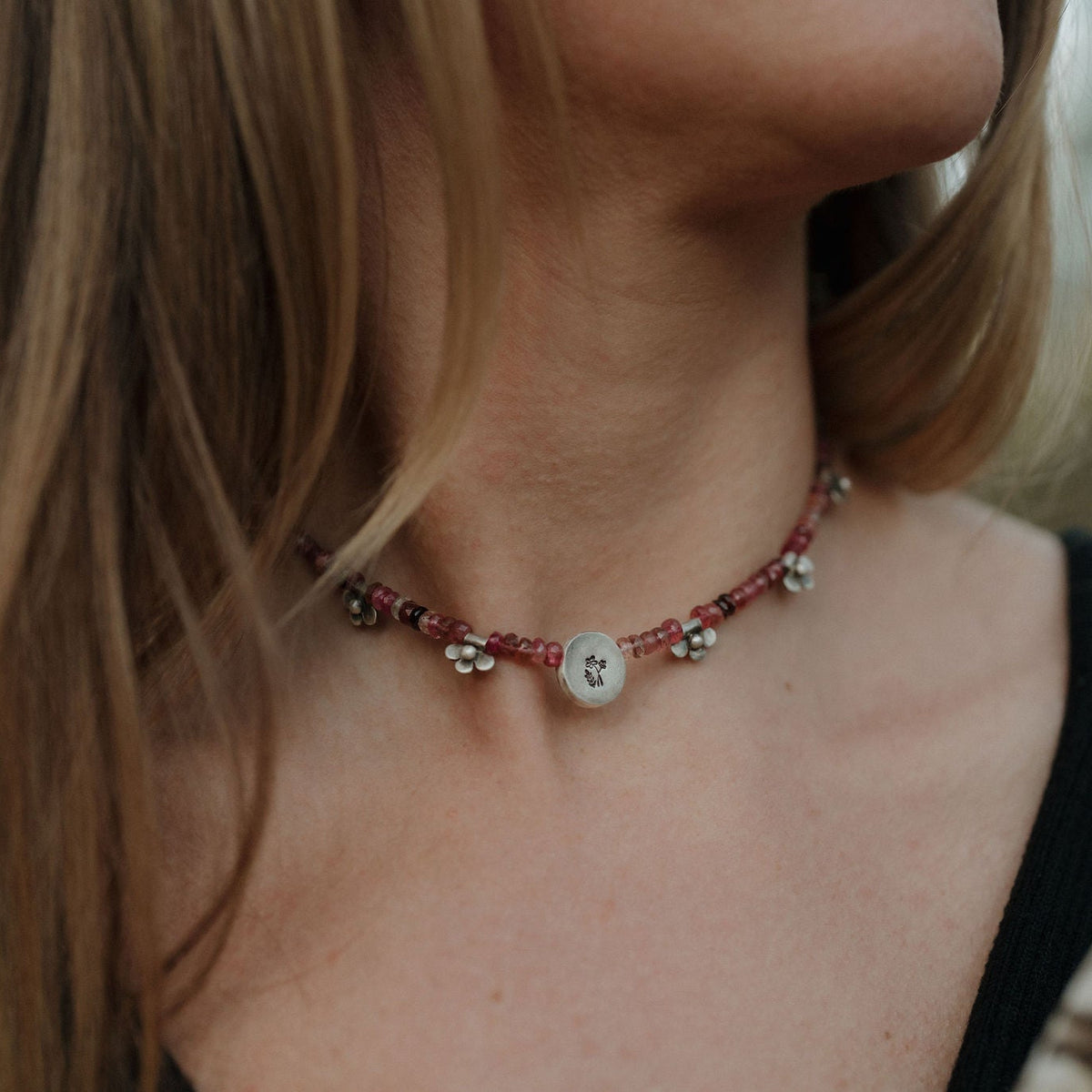 Pink Tourmaline Necklace with Sterling Silver Wildflower Medallion