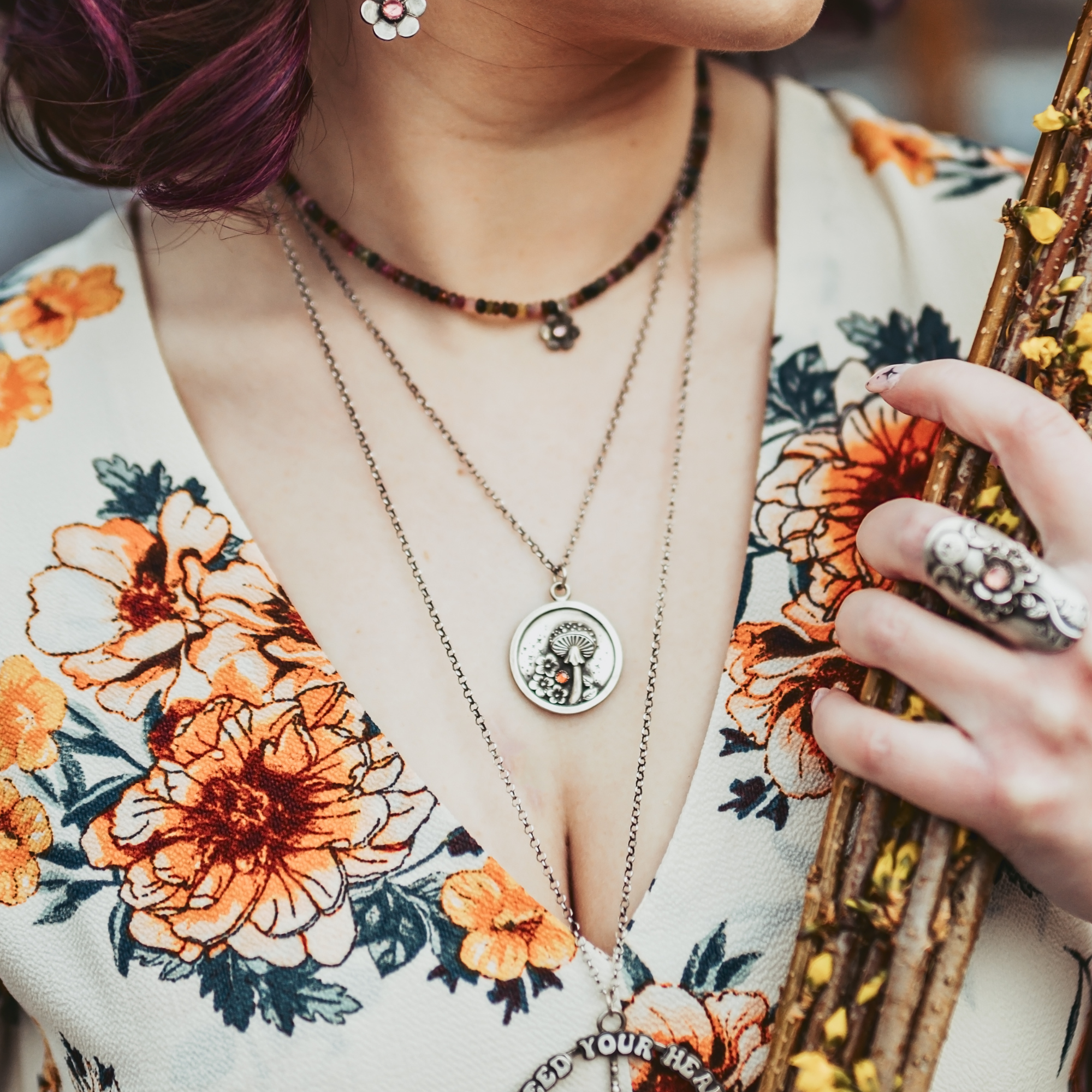 Mushroom Pendant with Flowers and Garnet