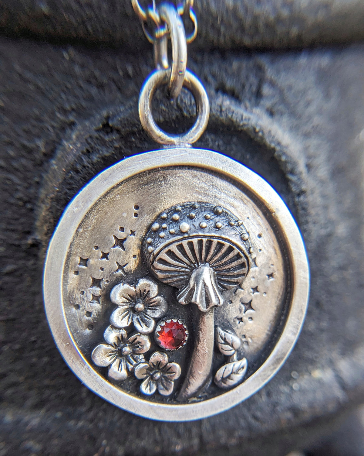 Sterling Silver Mushroom Pendant with Flowers and Garnet