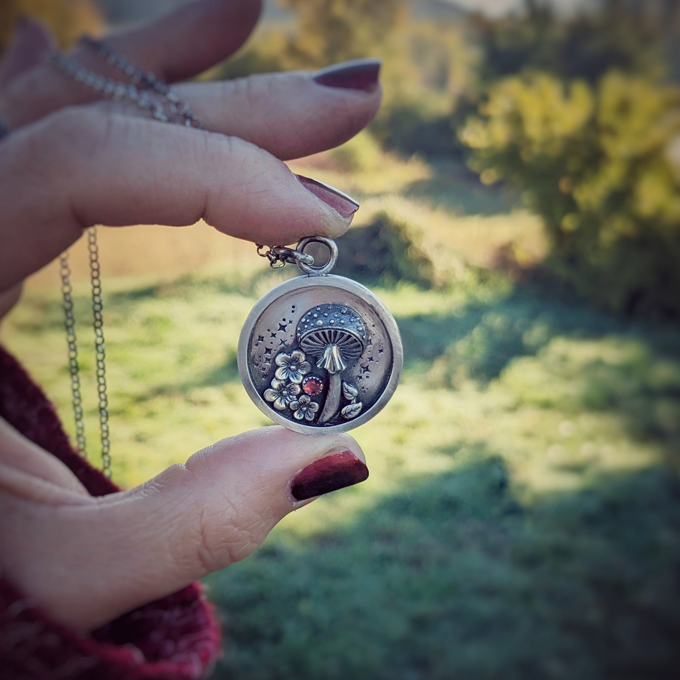 Mushroom Pendant with Flowers and Garnet