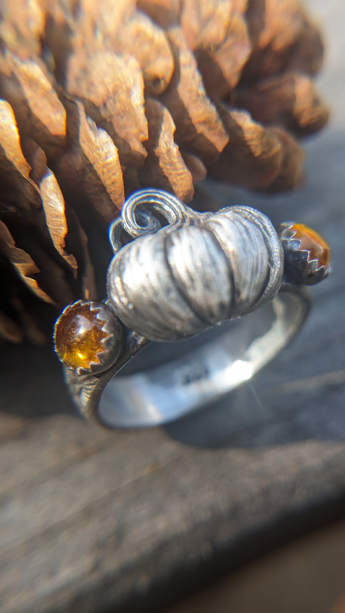 Sterling Silver Pumpkin Ring with Amber