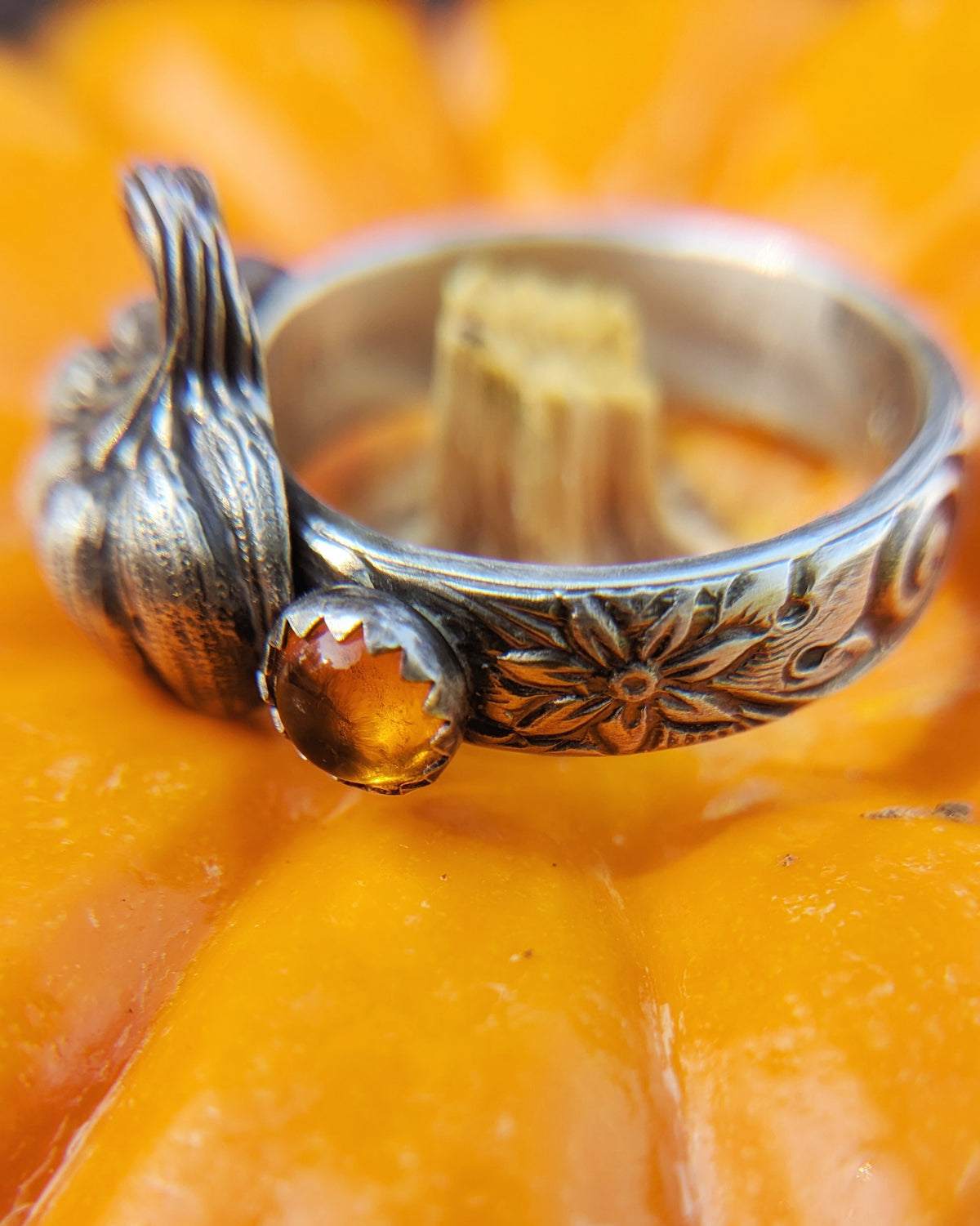 Sterling Silver Pumpkin Ring with Amber
