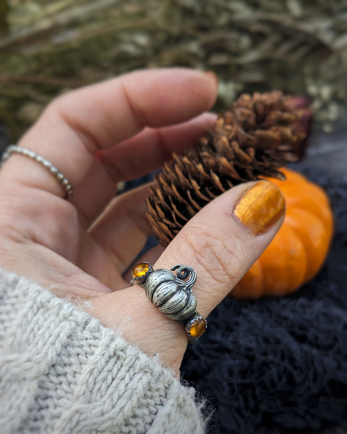 Sterling Silver Pumpkin Ring with Amber