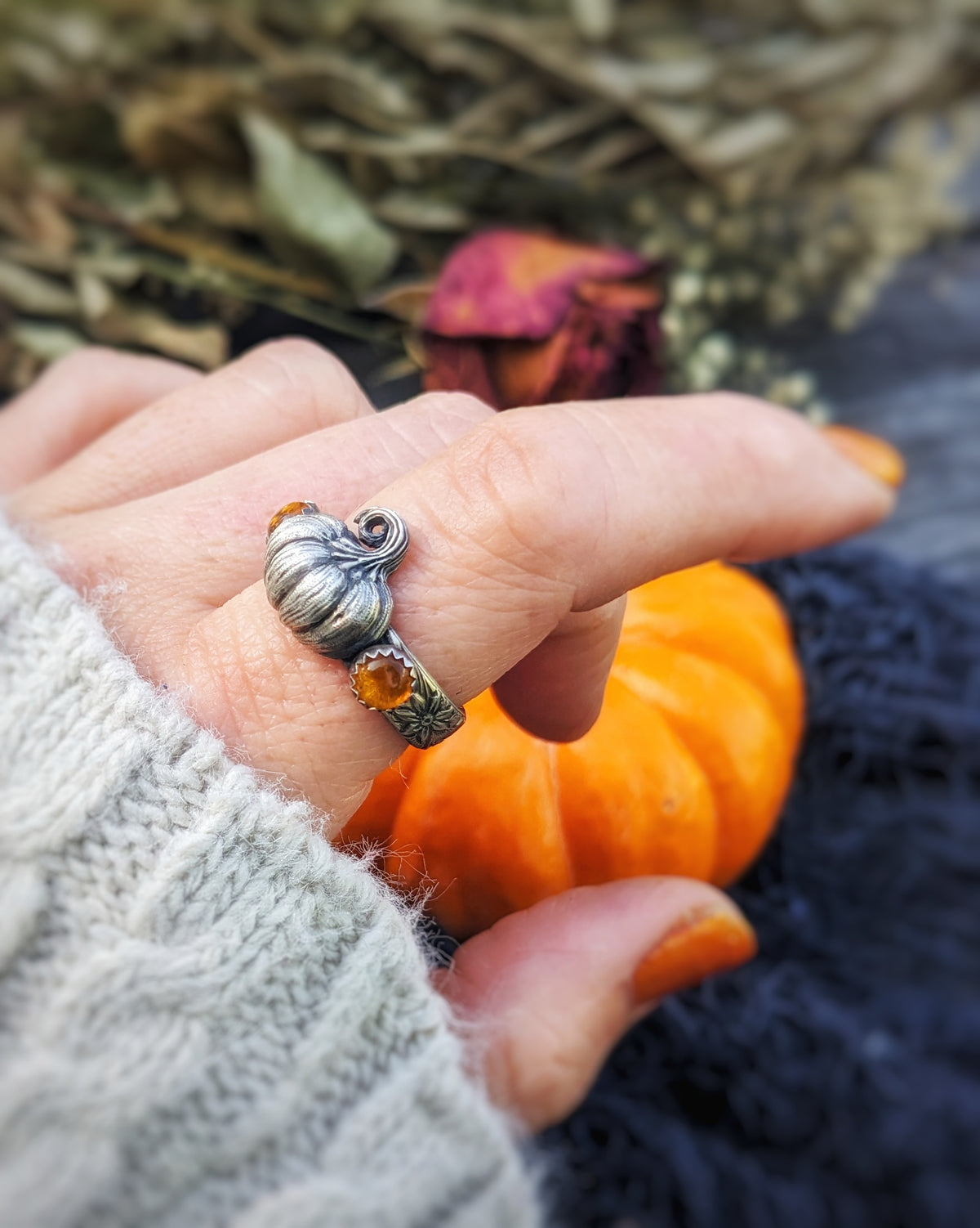 Sterling Silver Pumpkin Ring with Amber