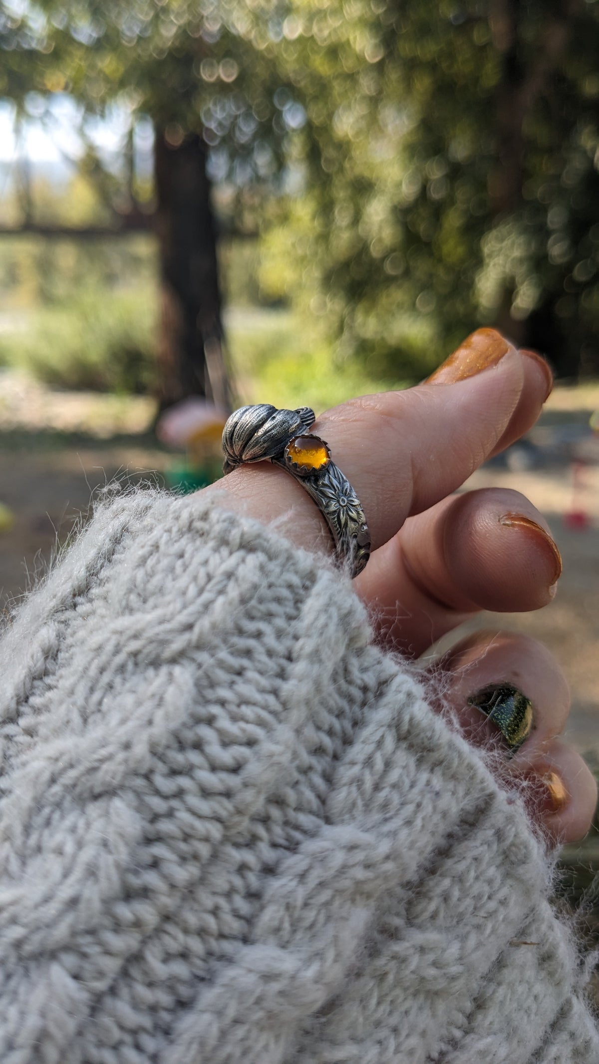 Sterling Silver Pumpkin Ring with Amber