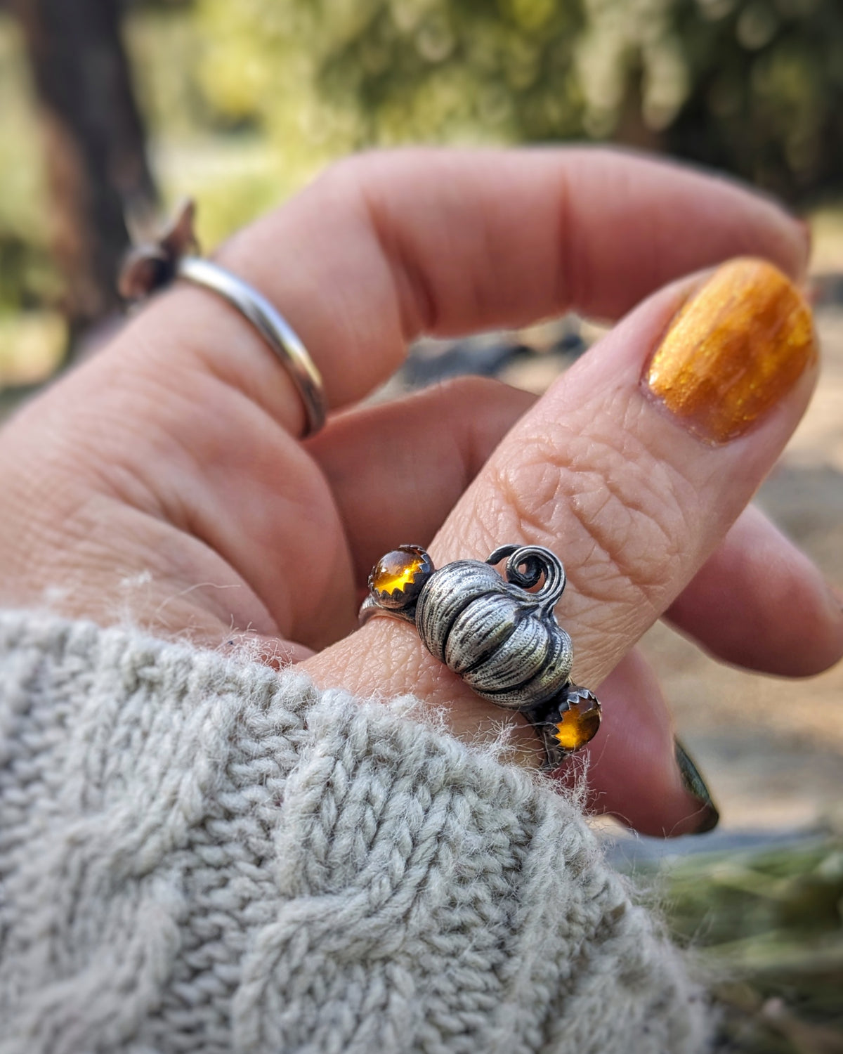 Sterling Silver Pumpkin Ring with Amber