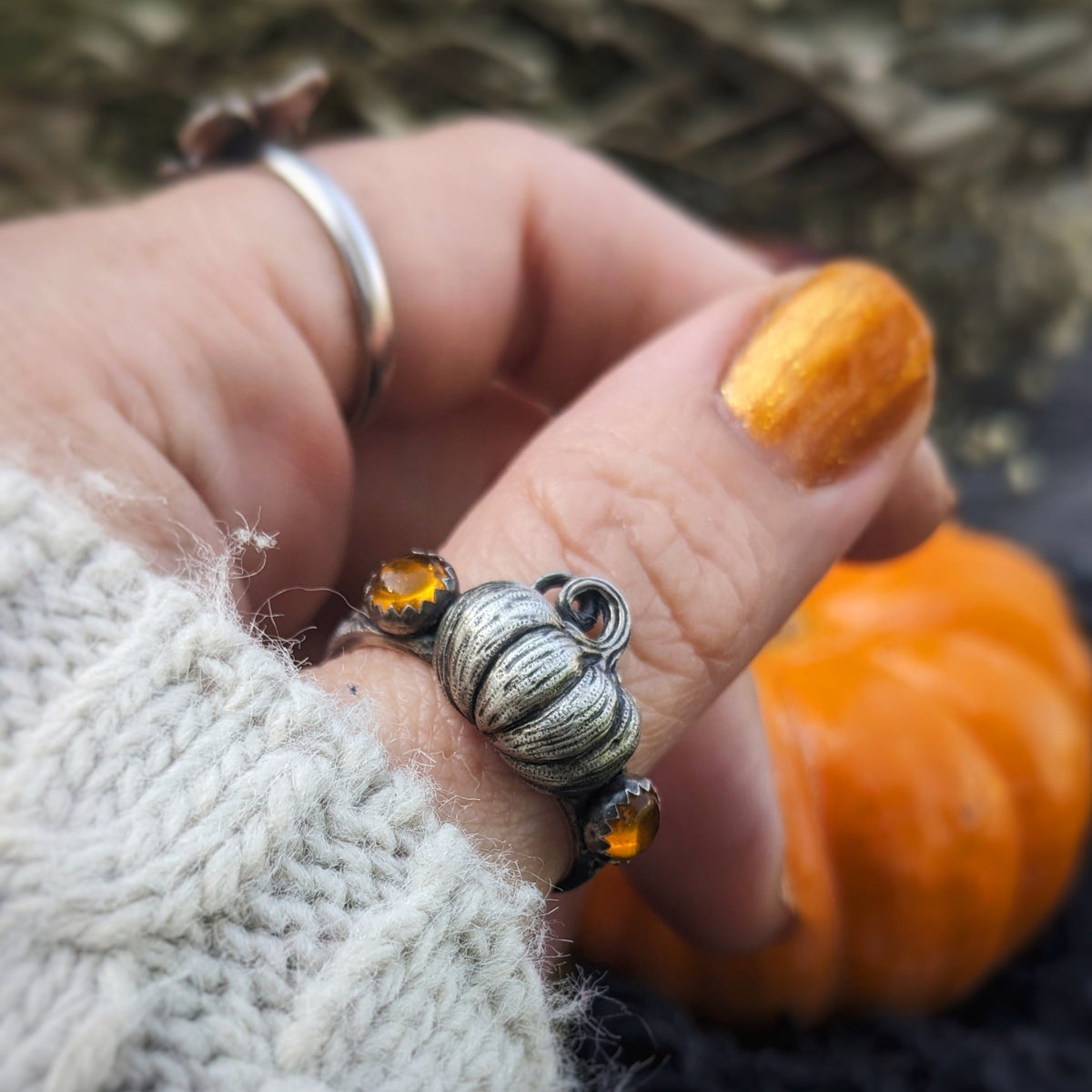 Sterling Silver Pumpkin Ring with Amber