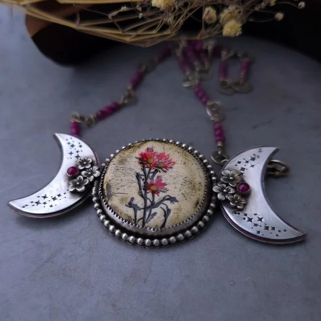 Triple Moon Goddess Necklace with Flowers and Rubies