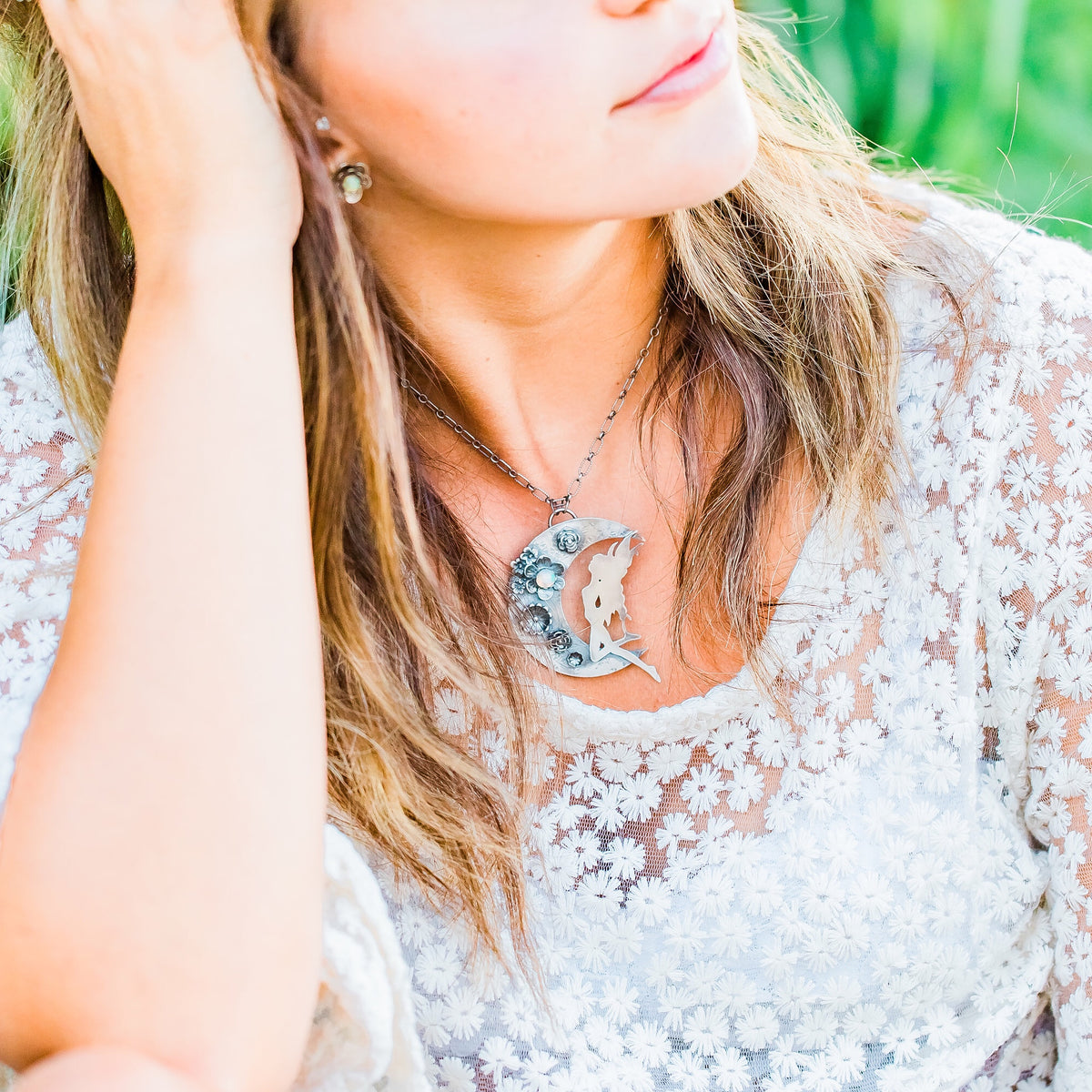 Fairy on the Moon Statement Necklace with Natural Opal