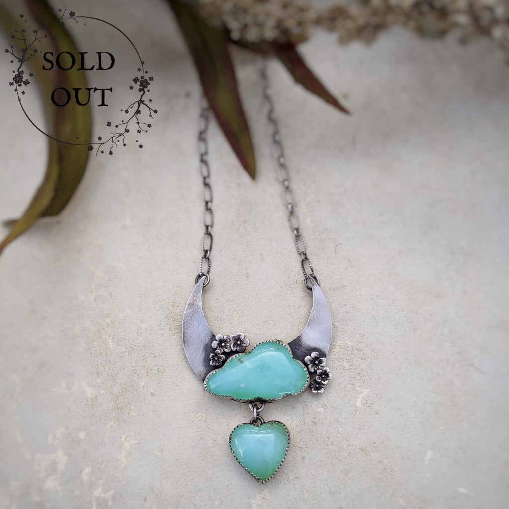 Moon Necklace with Chrysoprase Cloud and Heart