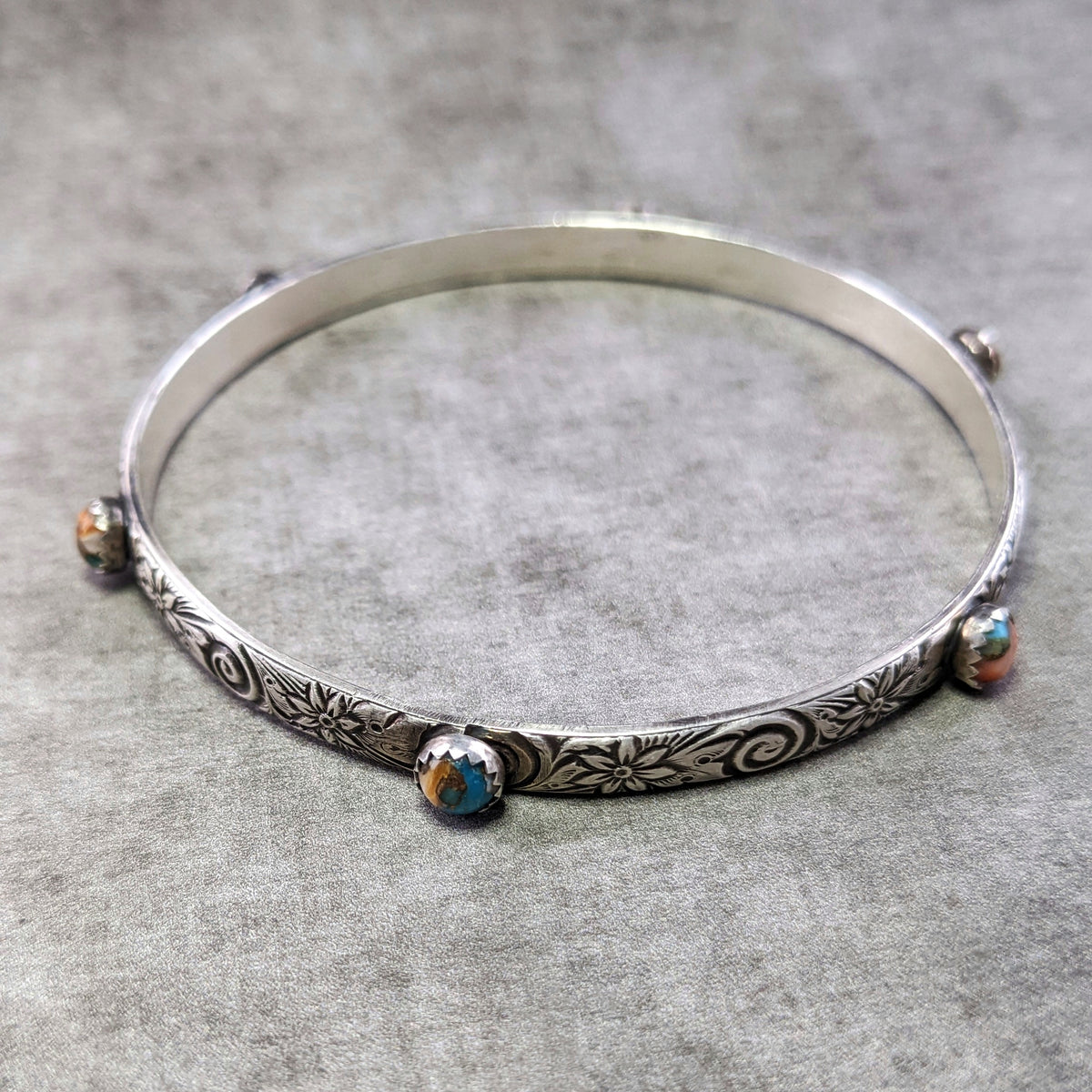 Floral Bangle with Spiny Oyster Turquoise