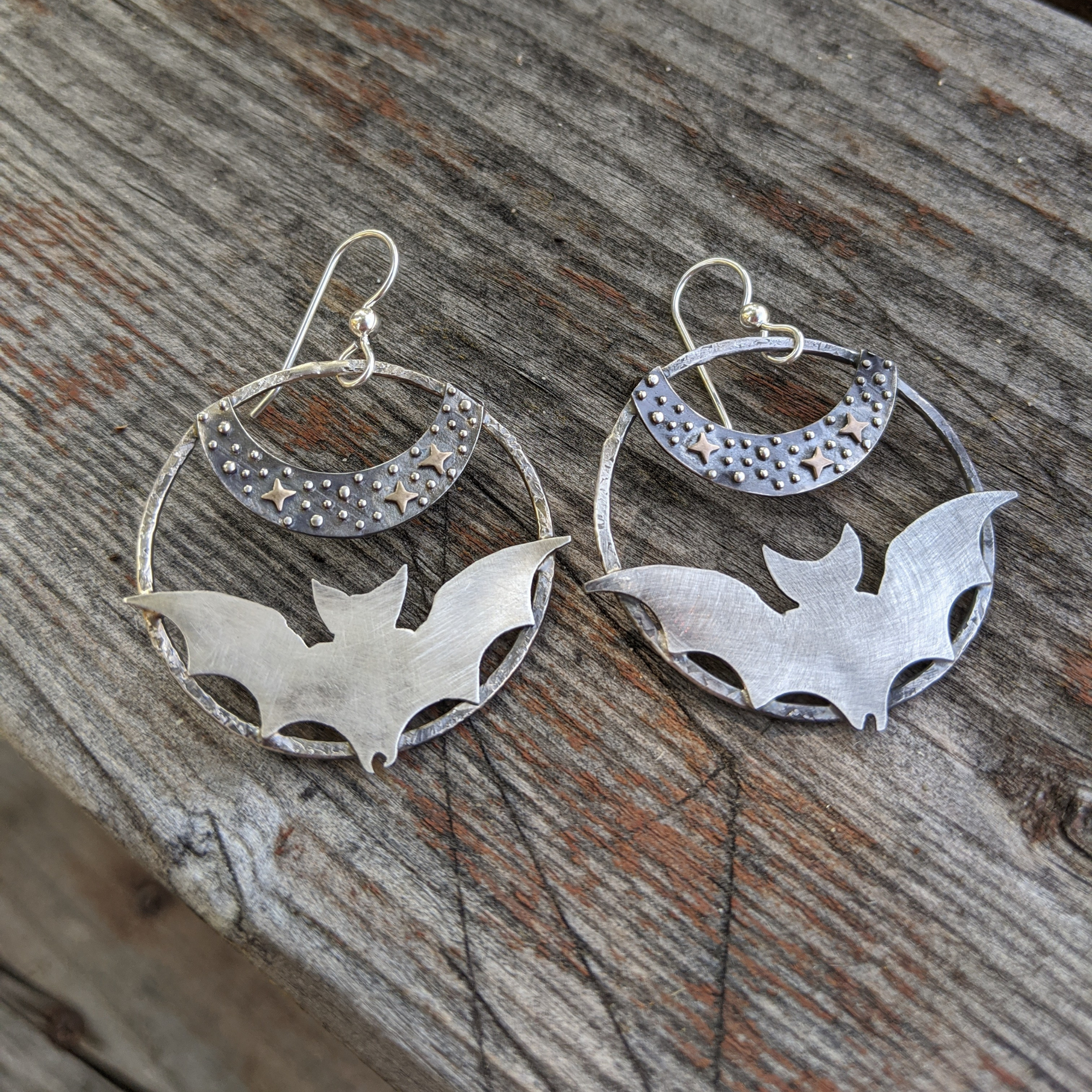 Bonfire Design Bat Earrings under the star, hoop shaped 