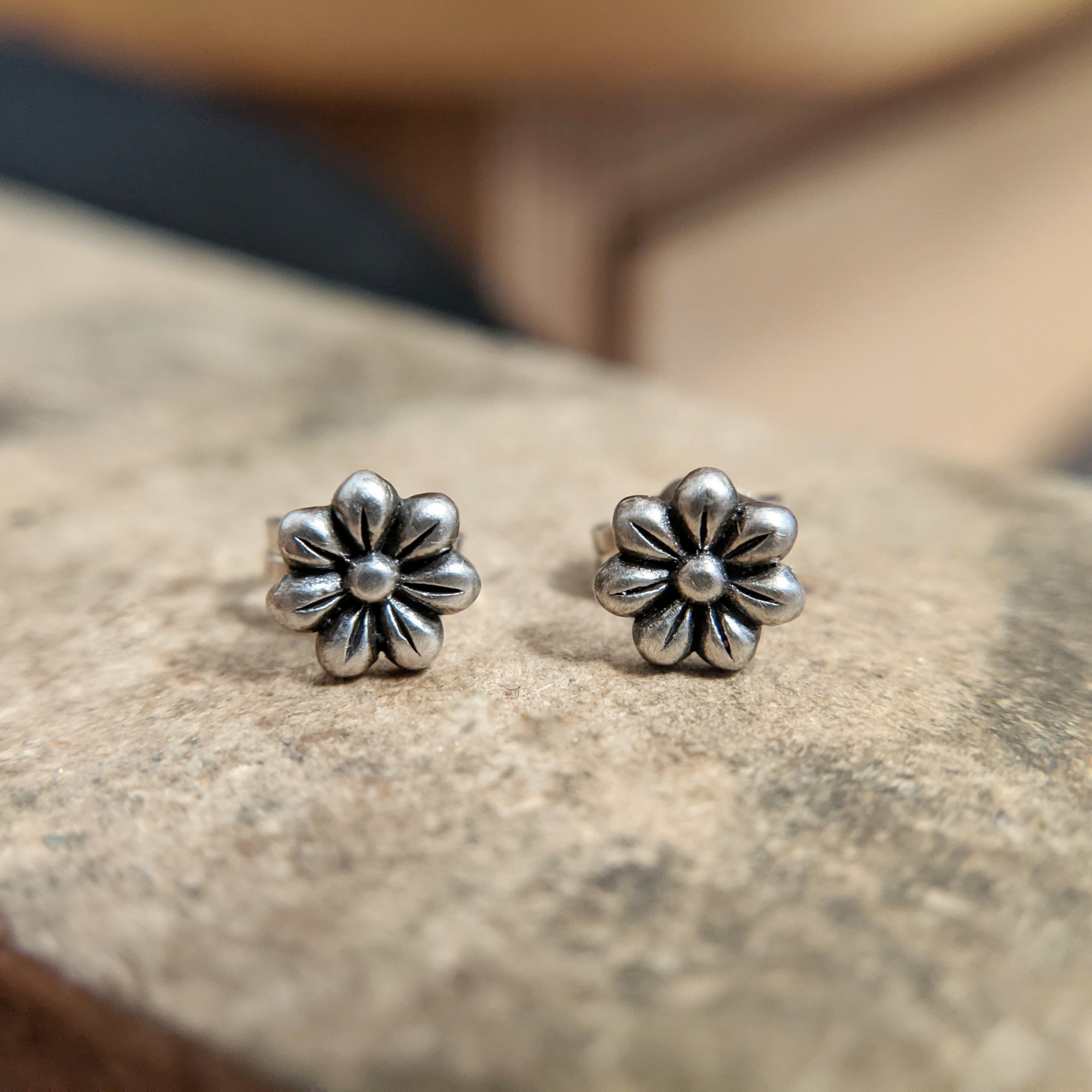 Flower Stud Earrings sterling silver 6mm photographed on a white background