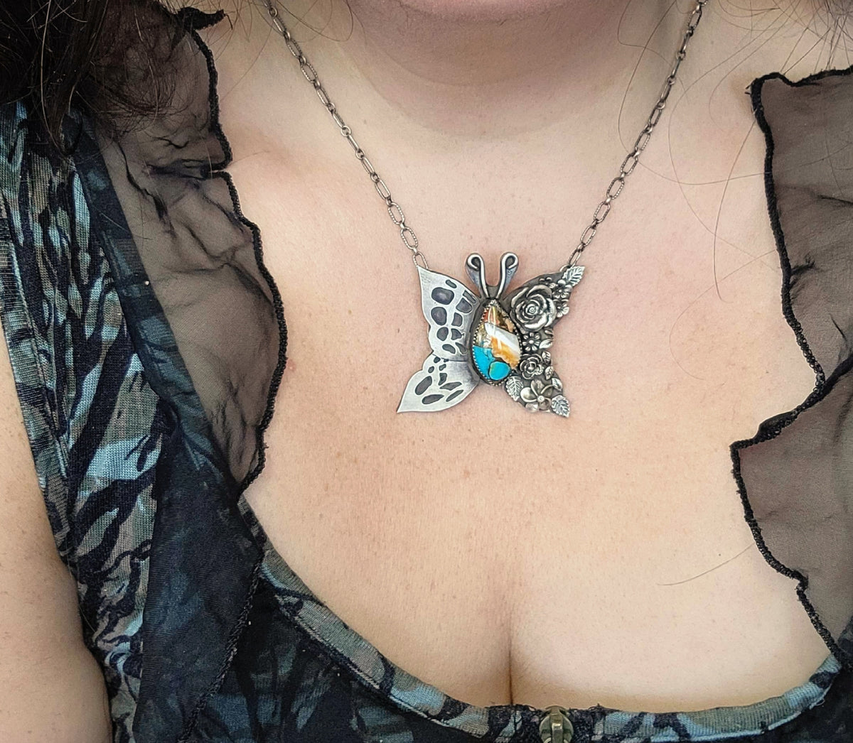 Butterfly Necklace with Spiny Oyster Turquoise