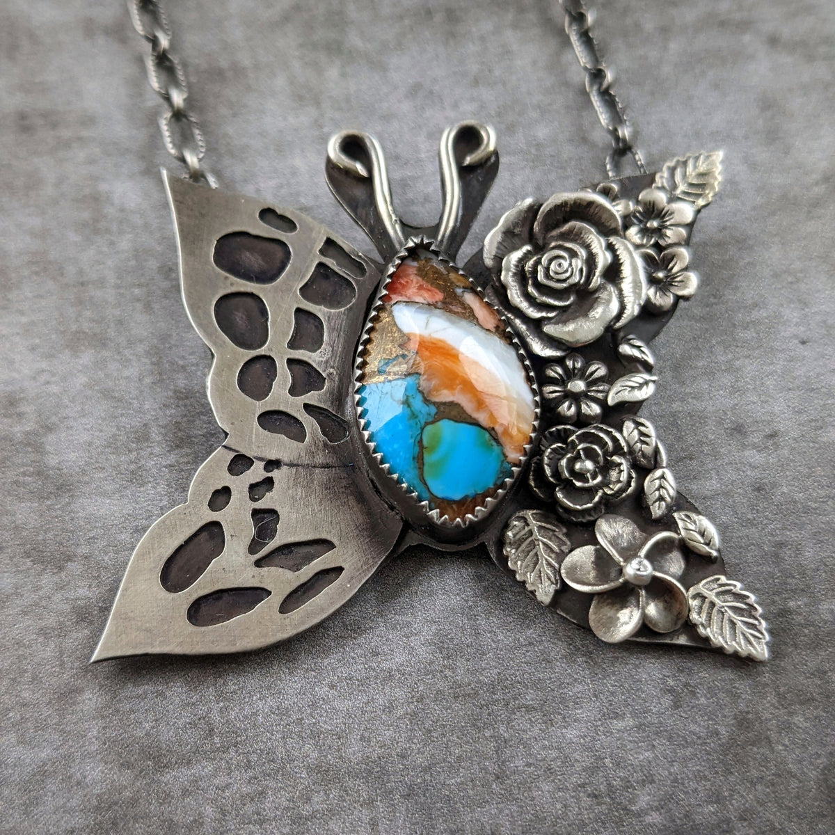 Butterfly Necklace with Spiny Oyster Turquoise