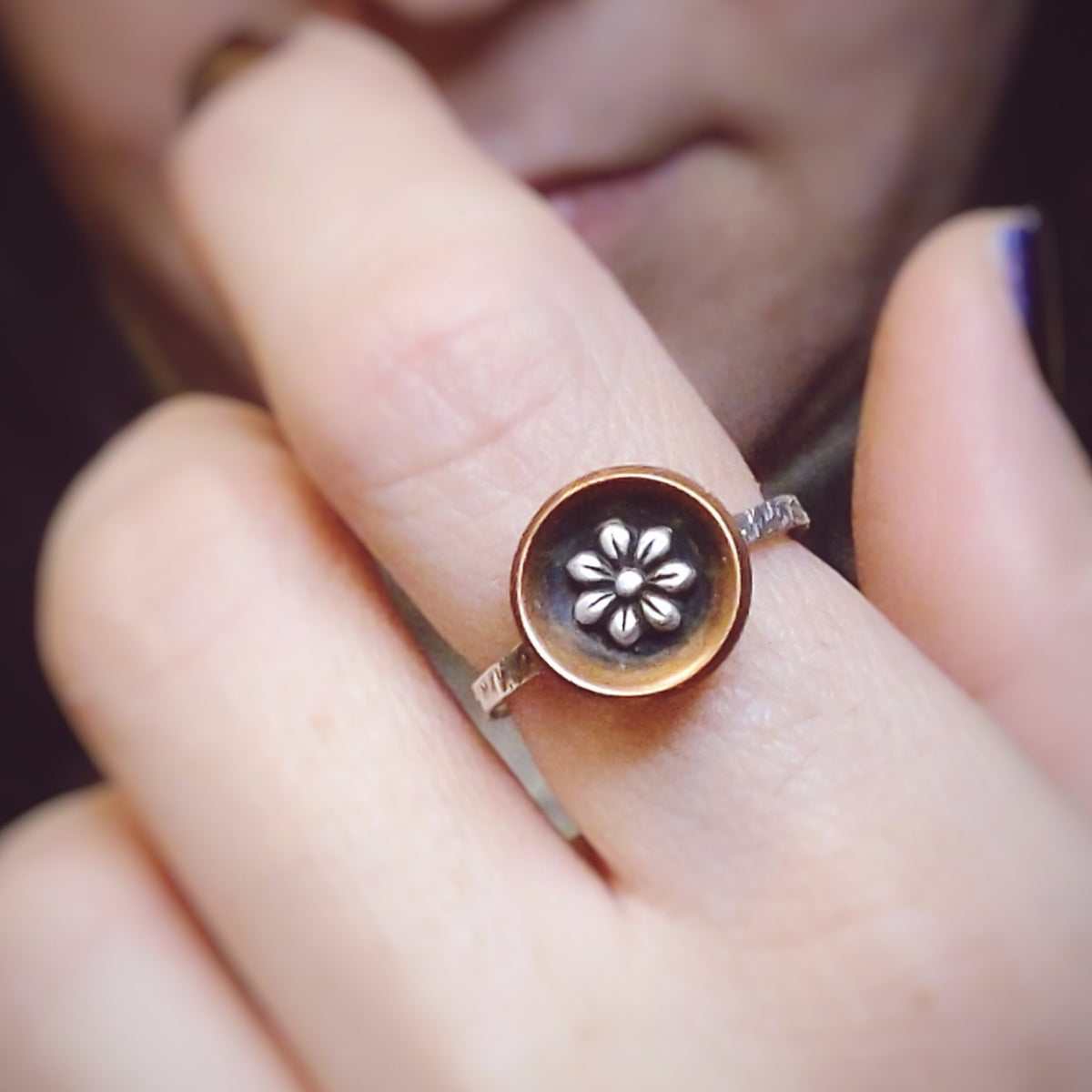 Copper Bowl Ring with Sterling Silver Flower