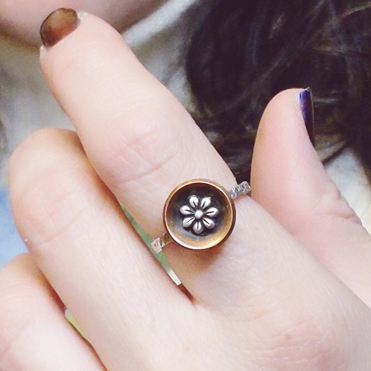 Copper Bowl Ring with Sterling Silver Flower