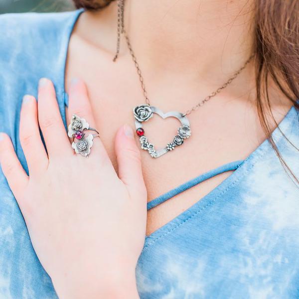 Flower Heart Necklace with Garnet