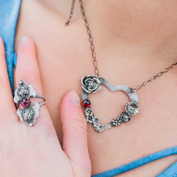 Flower Heart Necklace with Garnet