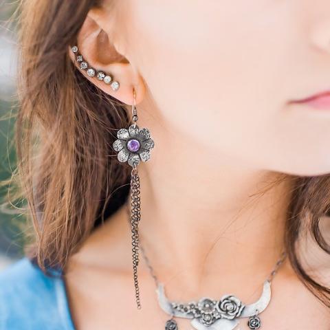 Long Flower Dangle Earrings with Amethyst