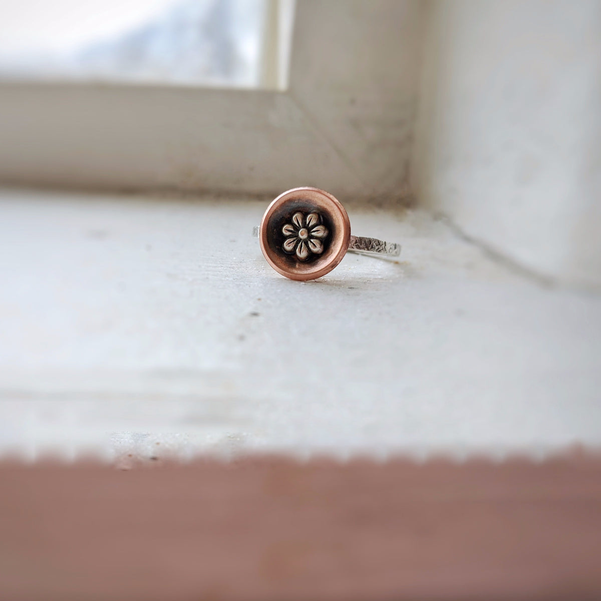 Copper Bowl Ring with Sterling Silver Flower