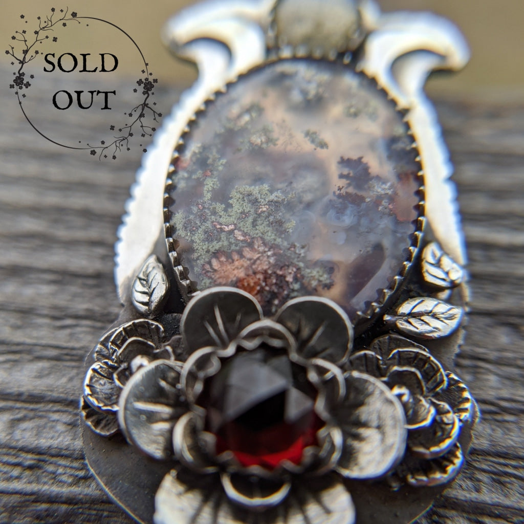 Enchanted Earth Collection Moss and Garnet Flower Necklace
