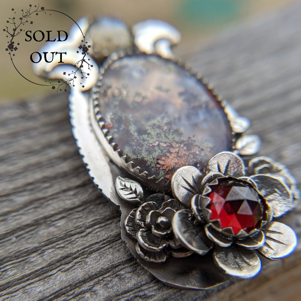 Enchanted Earth Collection Moss and Garnet Flower Necklace