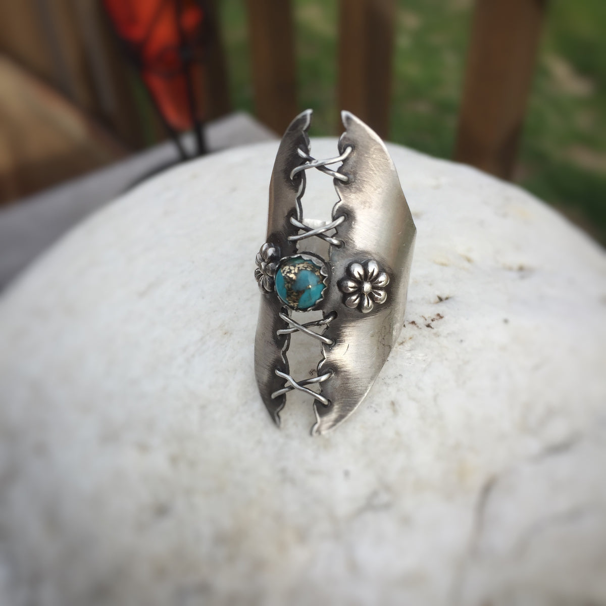 Wide Band Corset Ring with Turquoise