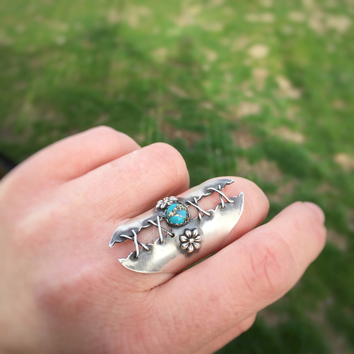 Wide Band Corset Ring with Turquoise