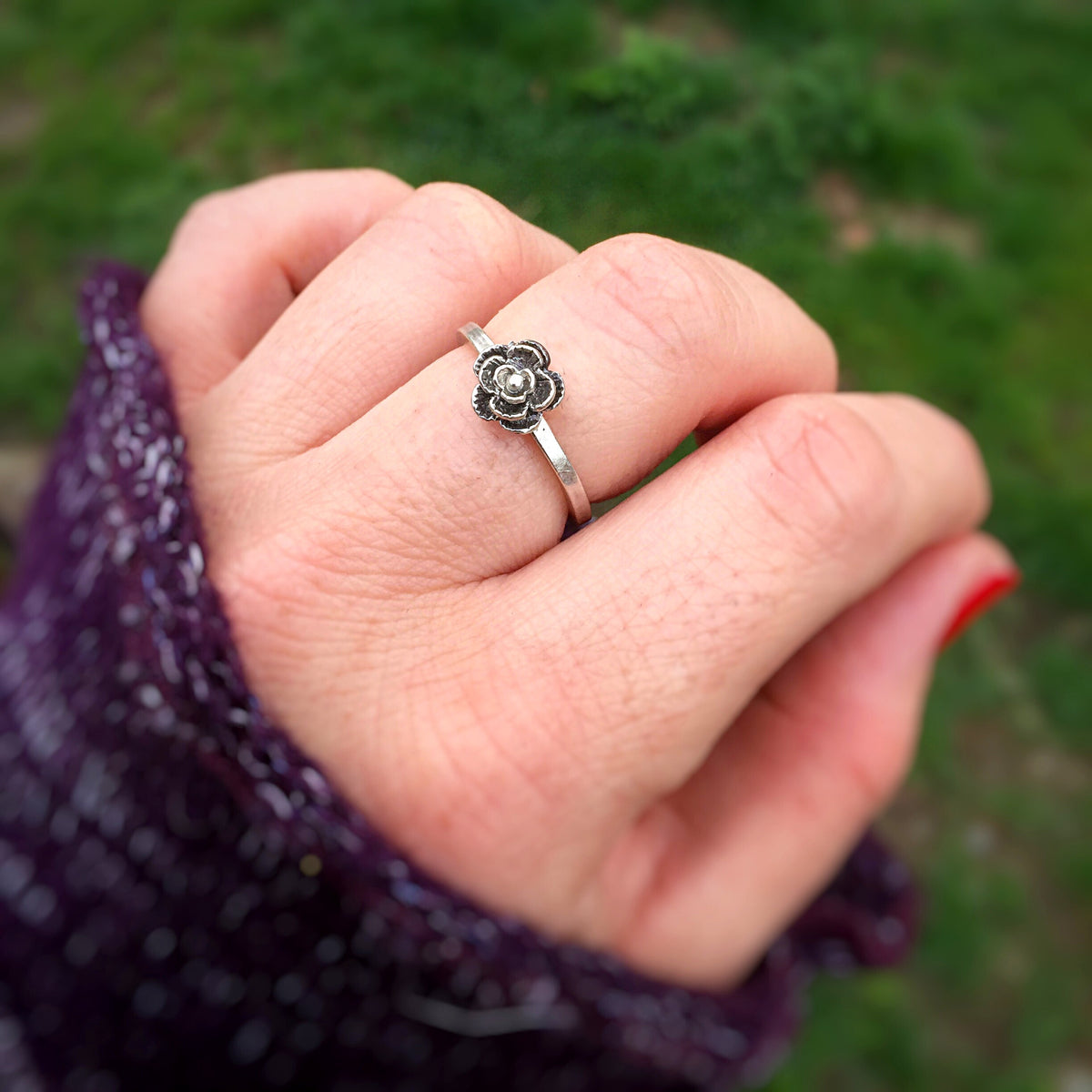 Silver Stacking Ring Set with Flowers &amp; Garnet