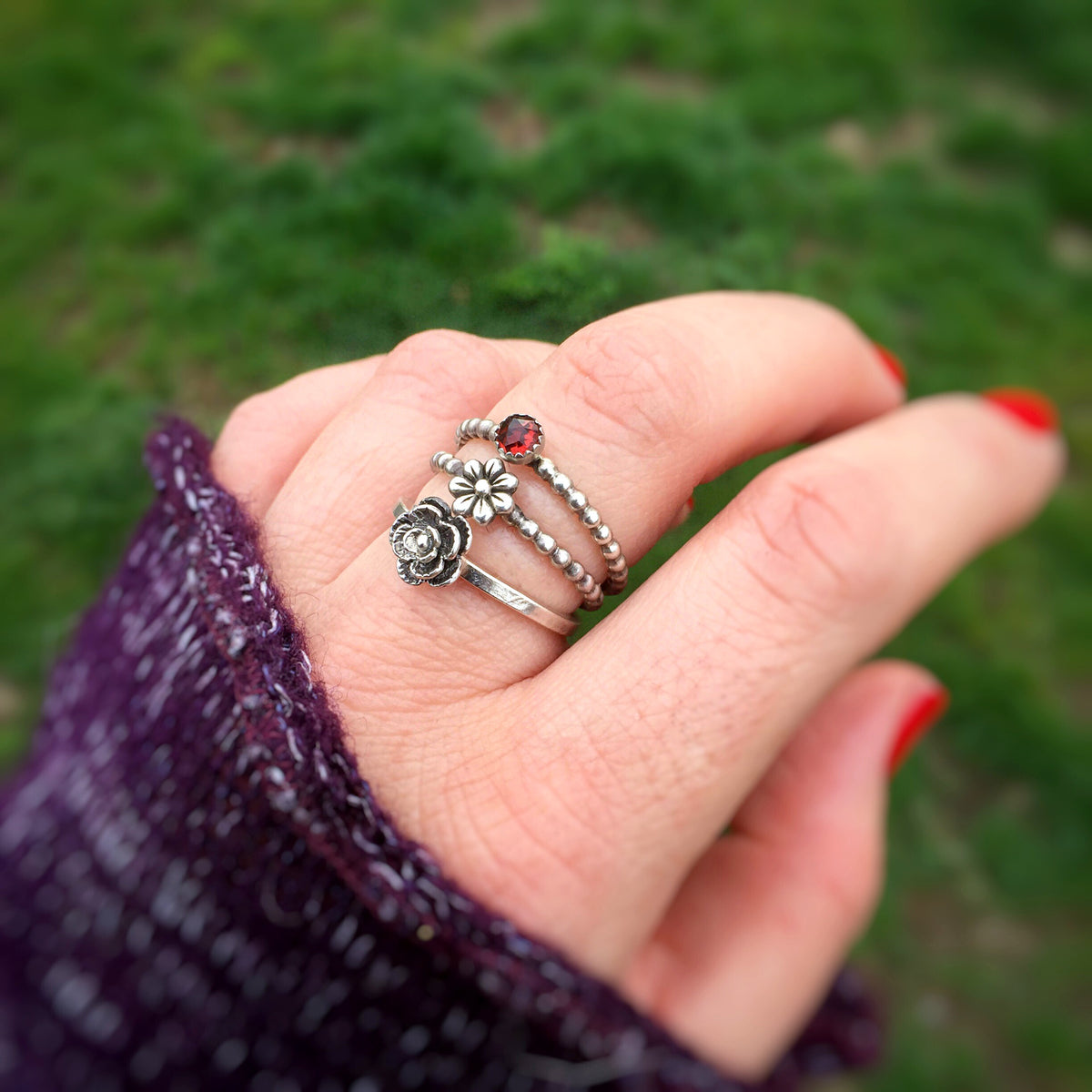 Silver Stacking Ring Set with Flowers &amp; Garnet