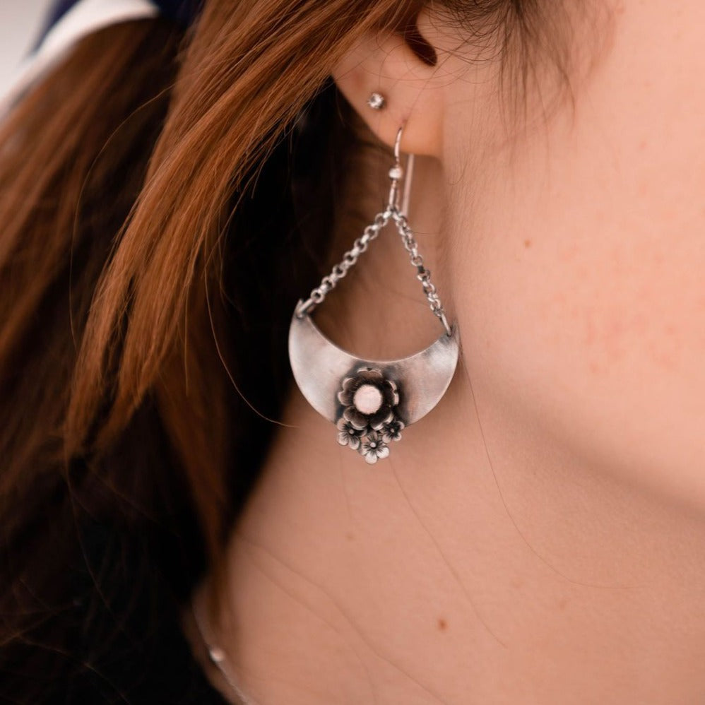 Crescent Moon Flower Earrings with Rose Quartz Crystal Points