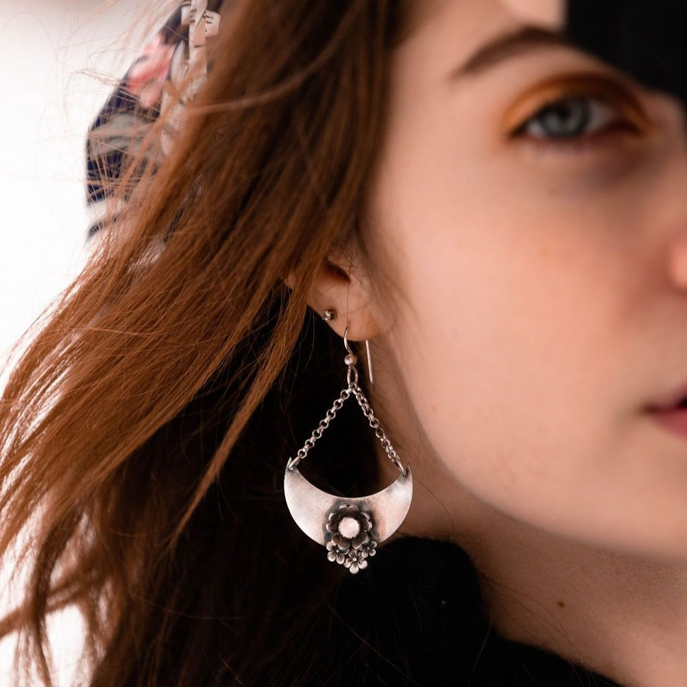 Crescent Moon Flower Earrings with Rose Quartz Crystal Points