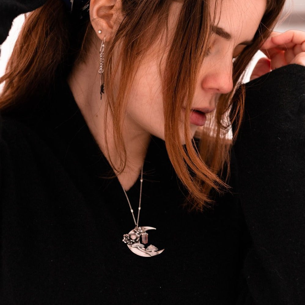 Crescent Moon Necklace with Rose Quartz and Mushrooms